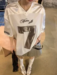 Y2k Sports Women's Oversize T-shirts Hip Hop Number Graphic Short Sleeve Tops Silvery Quick Drying Casual Basketball Tee Korean