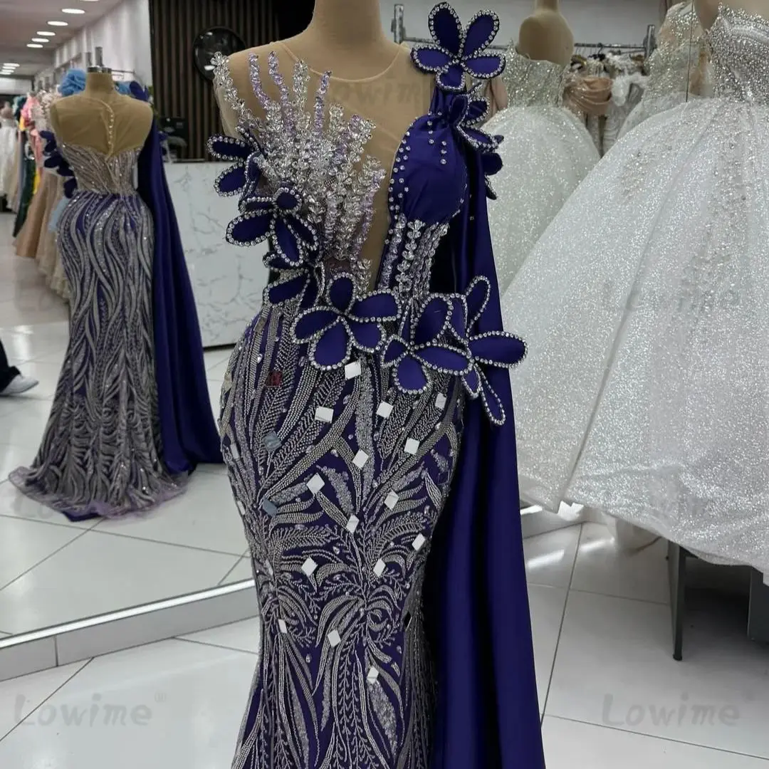 Blaue lange Ballkleider nach Maß 2025, eine Schulter, Kristalle, Perlen, formelle Party, zweiter Empfang, Verlobungskleider, Robe De Soiree