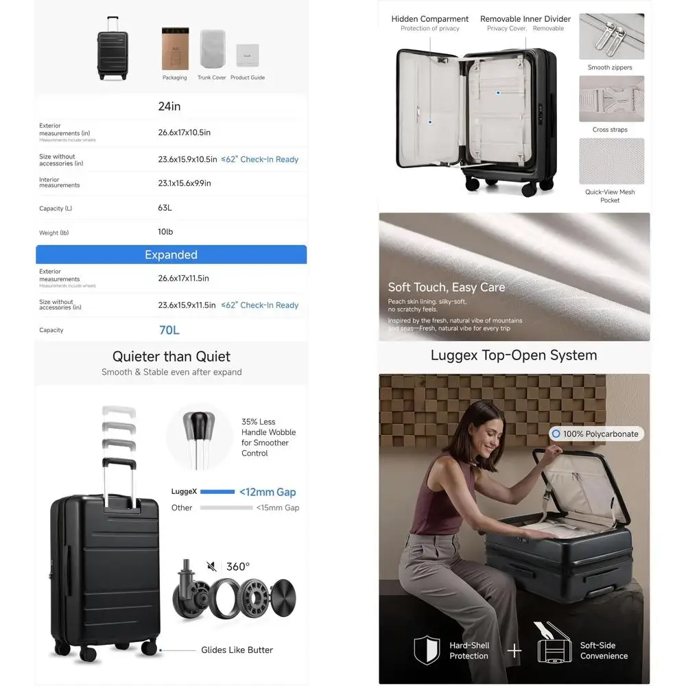 Expandable Hard Shell Suitcase with Top Opening, 24 Inch, Black, 63-70L Capacity