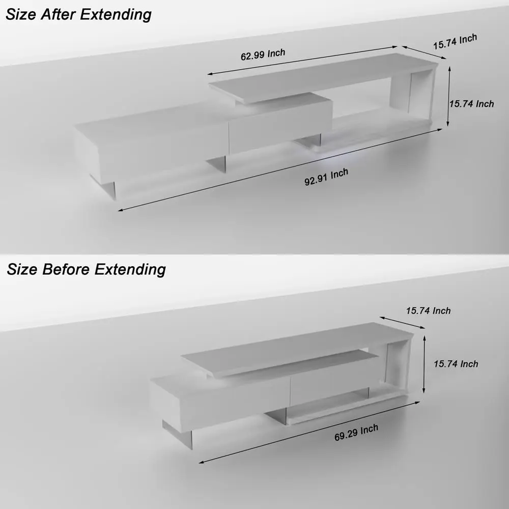 Extendable TV Stand 55-100 Inch Modern Entertainment Center LED Light 2 Doors Adjustable Width Storage Living Room Bedroom White