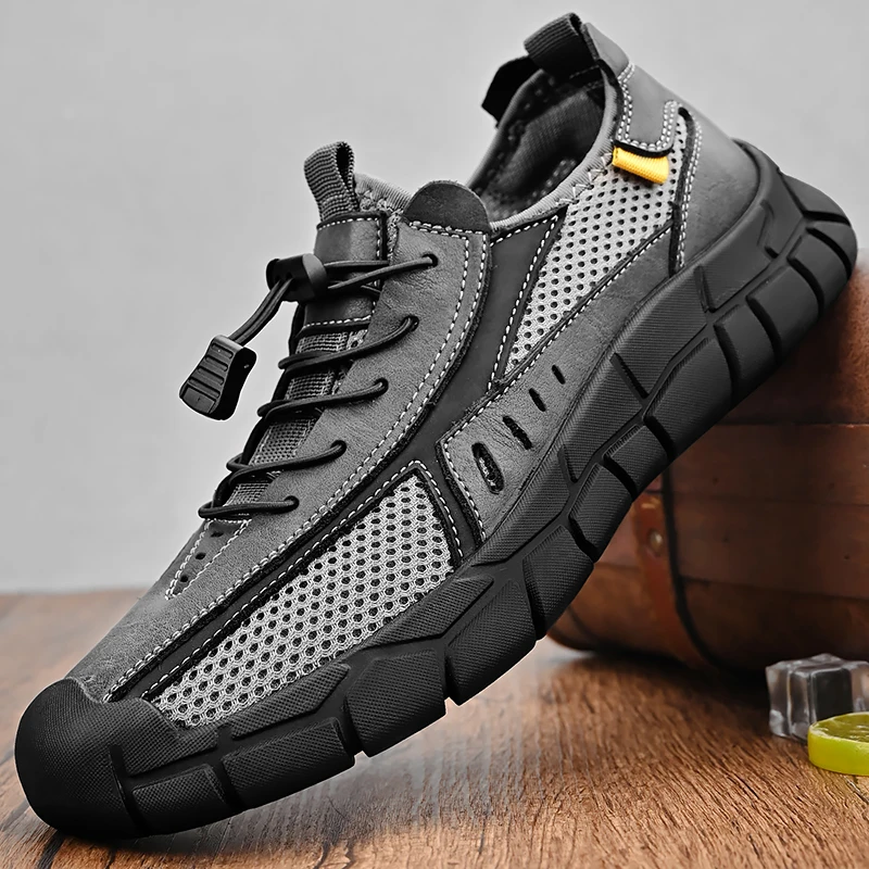 

Summer men's outdoor casual mesh shoes with breathable hollow mesh design, drawstring free shoelaces, anti slip and wear-resista