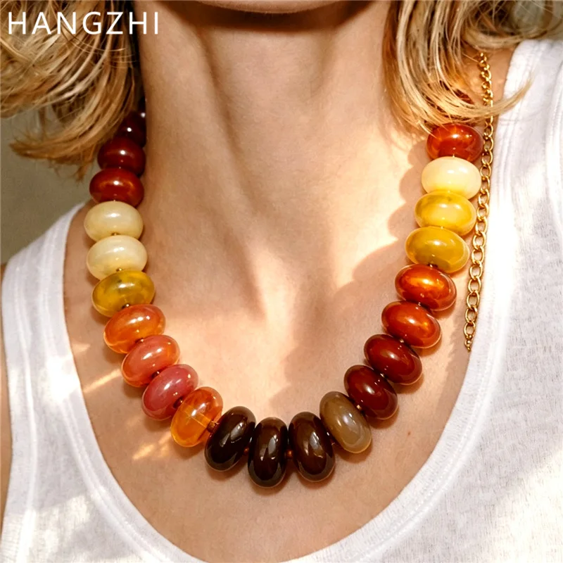 HangZhi Vintage Autumn Winter Dark Large Chunky Beaded Necklace Green Brown Purple Bead Elegant Charming Jewelry for Women New