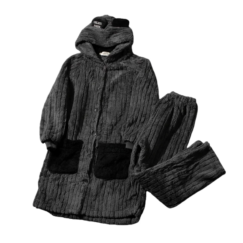Thiened Coral Fce Hooded Robe Couple Casual Winter Pajamas Set Men Women Matching Long Sve Batobe Soft Plu Spwear