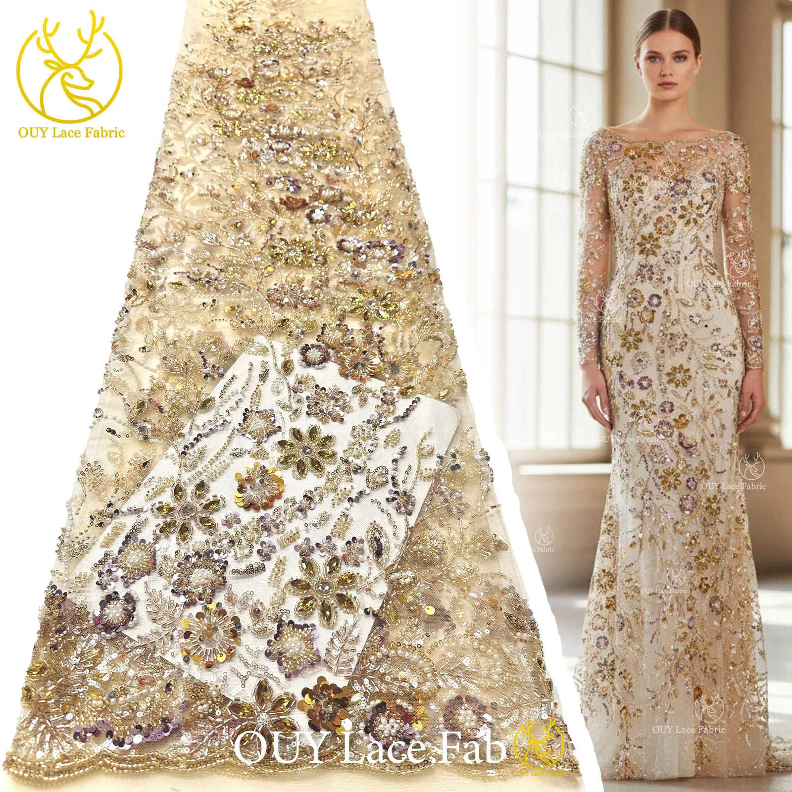 

Gold Luxury African Stone Groom Beaded Lace Fabric 2026 Nigeria French Tulle Sequin Lace Fabric for Bridal Party Dress Sewing