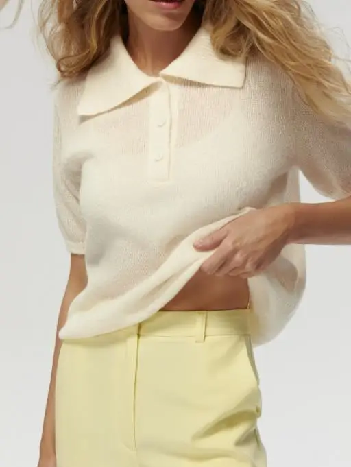 

Summer 2025 New Bubble Sleeve T-Shirt Women's Knitted Sweater Fashion Solid Color Simple Collar Perspective Short Sleeve Sweater