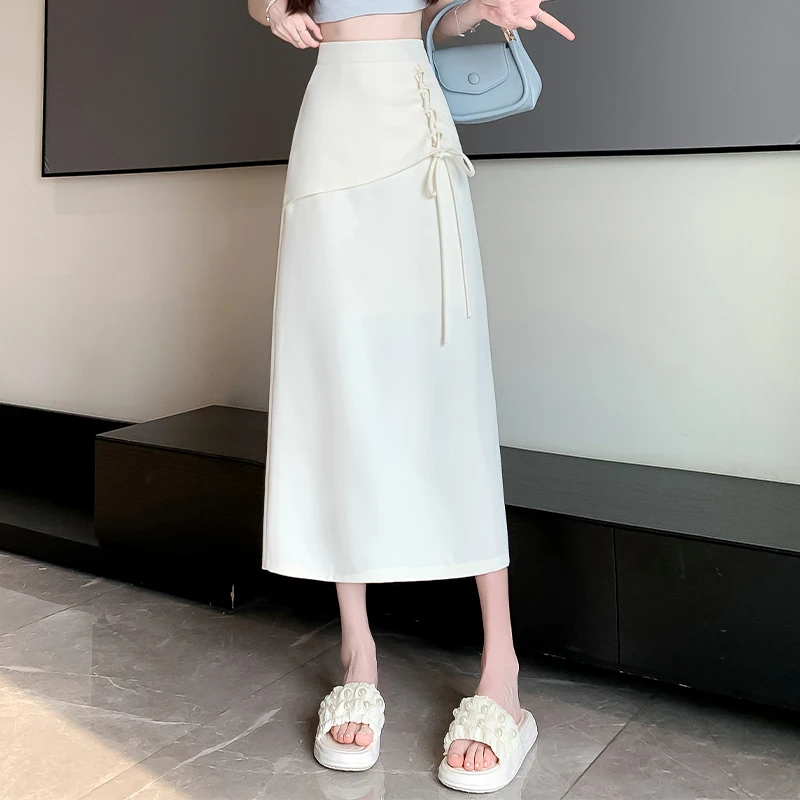 

New Korean Style Ladies Elegant High Waist Bandage A-line Skirts Womens Summer Fashion Midi Skirt Woman Casual Long Skirts