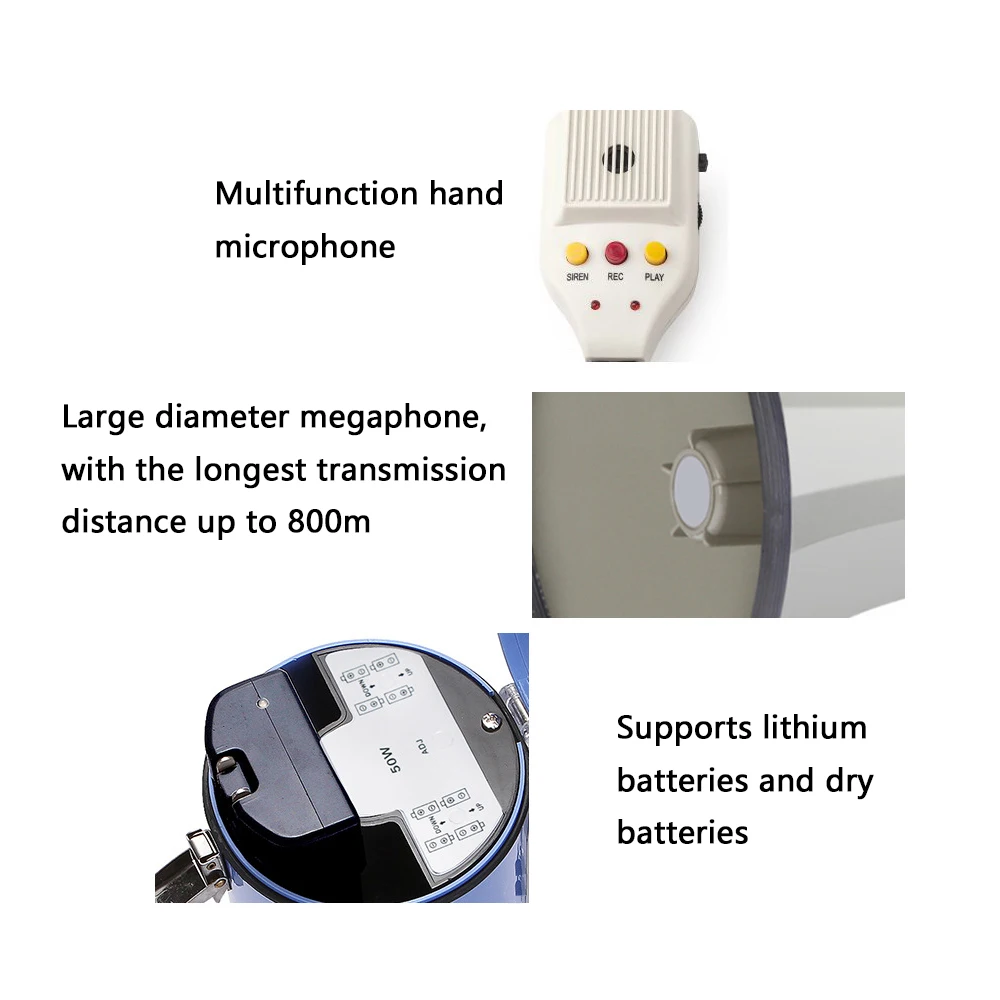 50 واط يده ميكروفون عالية الطاقة مكبر الصوت متعدد الوظائف 50 واط مكبر الصوت المتكلم قابلة للشحن تسجيل المهنية في الهواء الطلق