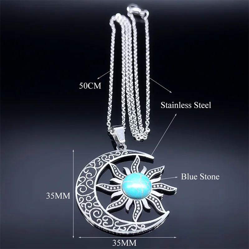 New Vintage Moon and Sun Pendant Necklaces for Women Men Stainless Steel Blue Pine Stone Crescent Moon Trendy Necklace Jewelry