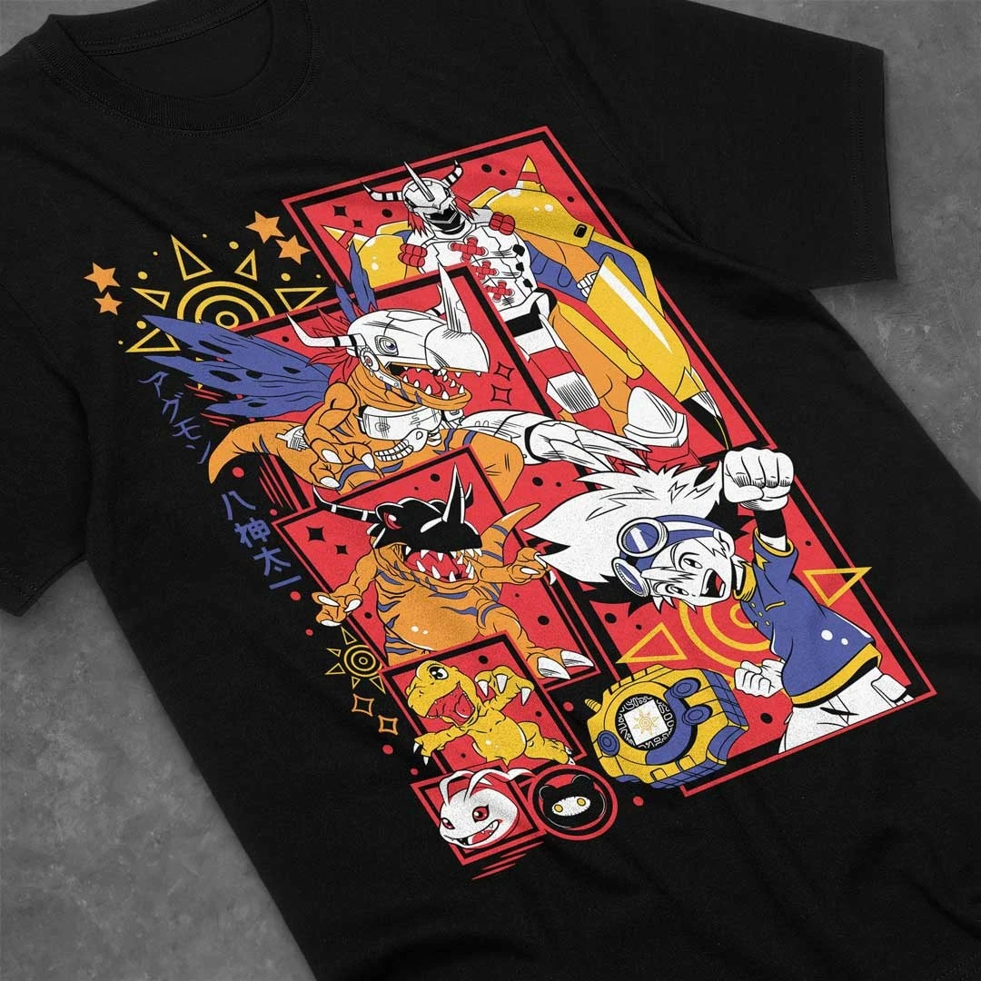 2026 Summer Digimon Adventure Retro Cosplay T-shirt Men's Oversize Casual Cotton Printed Short-sleeved Unisex Children's Sports