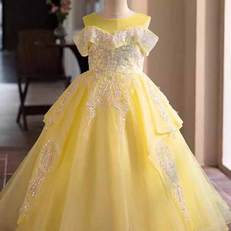 

Желтое платье принцессы на день рождения для девочек, пышное тюлевое праздничное платье, детское праздничное платье для выступлений на фортепиано, свадебное платье с цветочным узором для девочек