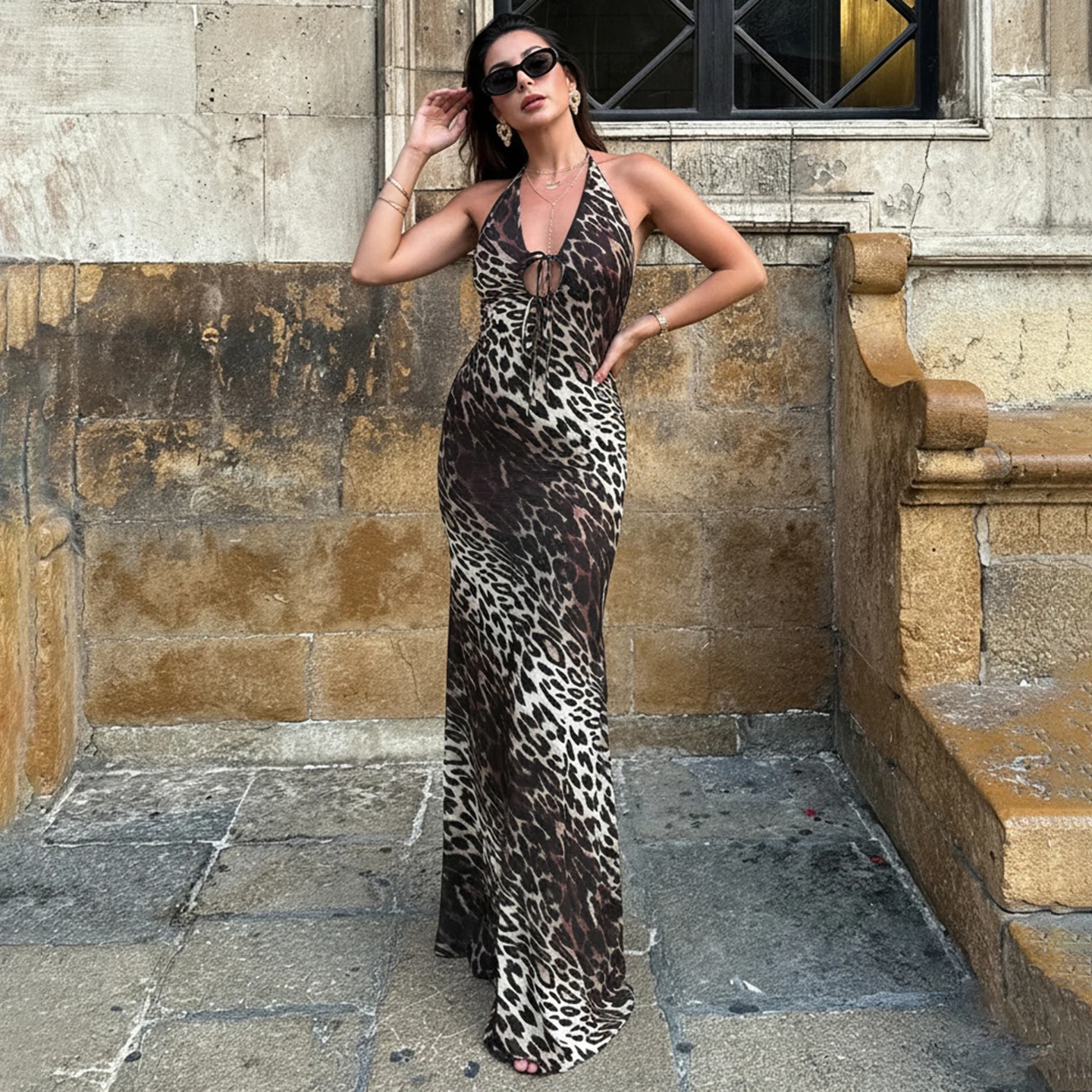 

Holiday Leopard Halter A-Line Dress Sexy Slim Bandage Deep V-Neck Sleeveless Maxi Dresses For Women 2025 Summer Fashion Lady