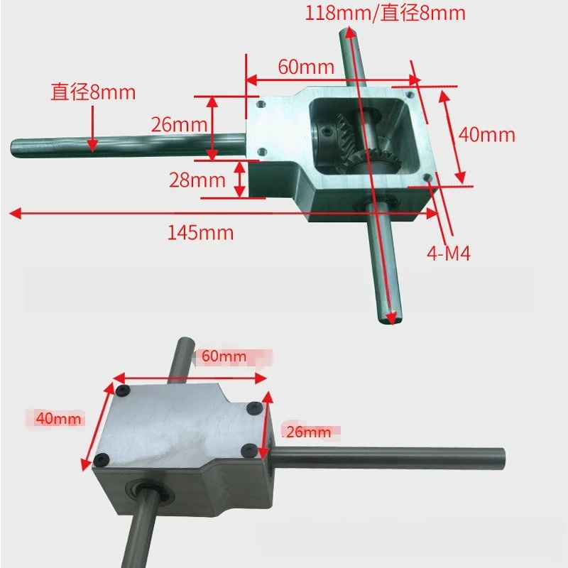 90 Degree Commutator Spiral Bevel Gearbox Small Reduction Ratio 1:1 Double Output Shaft 8 Axis 10 Gear Reducer