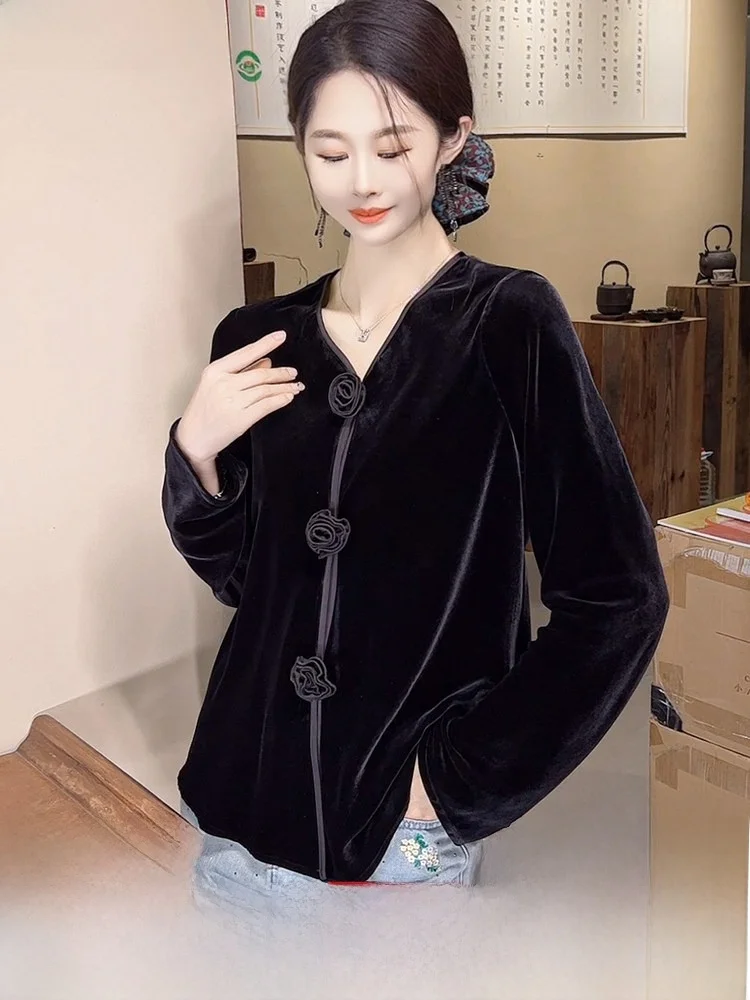 

Ele V-Ne Silk Velvet irt Women's Early Spring Faion Casual Chic Bla Velvet Top for Banquet