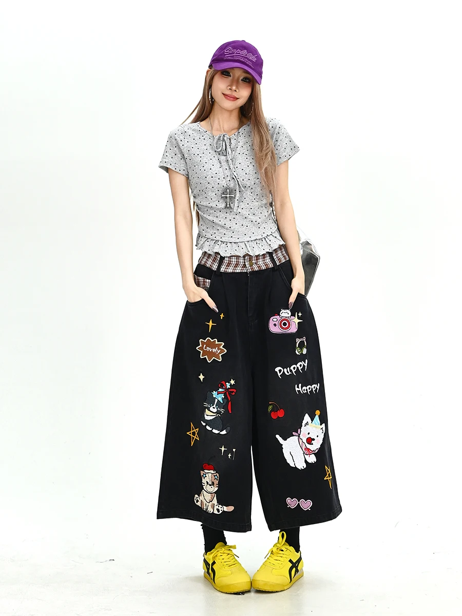 

Lazy Cartoon fiti Denim Wide Leg Pants Women's Summer New Loose BF American Retro Nine Points Trousers Faionable