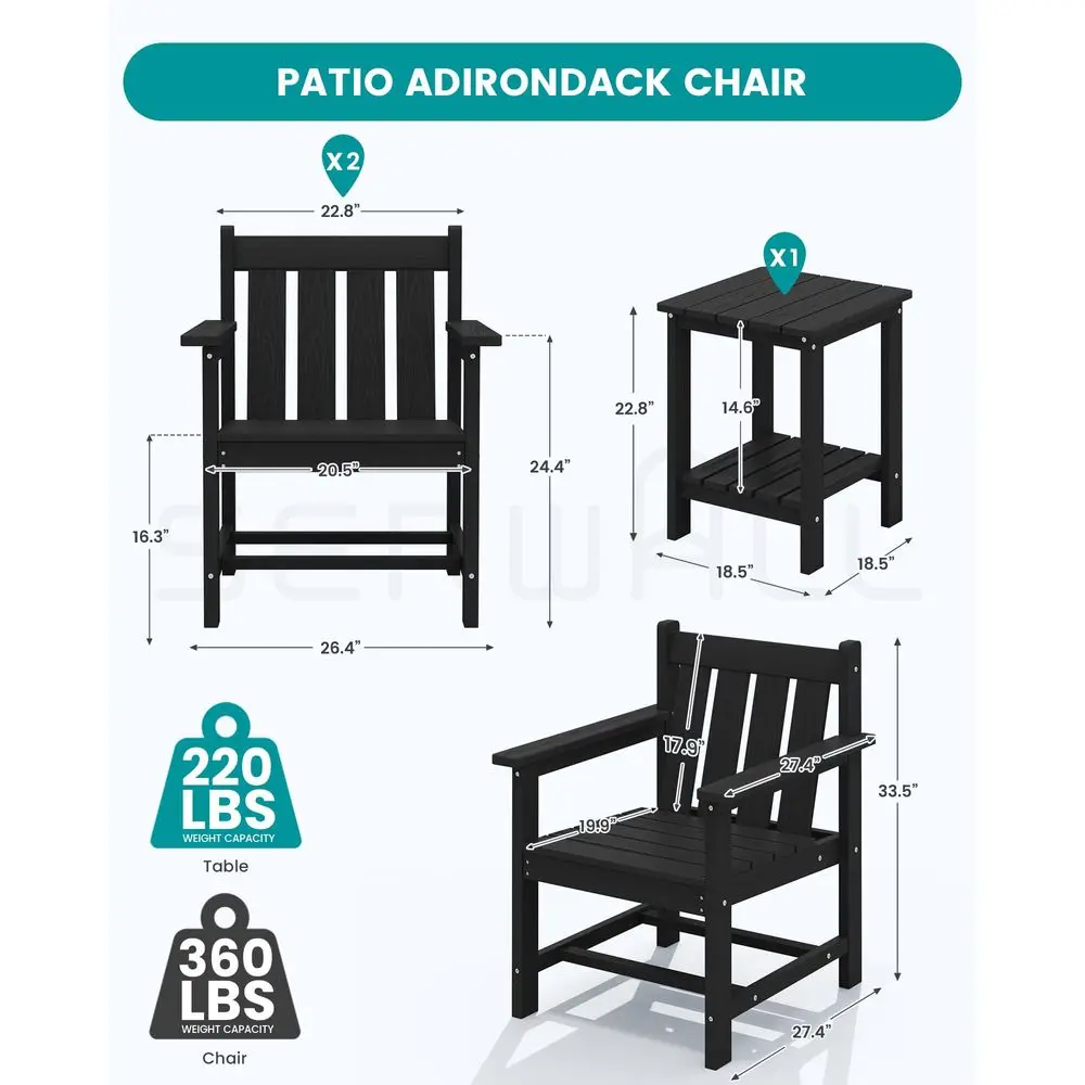 3 Pieces Patio Bistro Set, All Weather Adirondack Chair Set with Side Table, HDPE Material Outdoor Patio Furniture Set for Balc