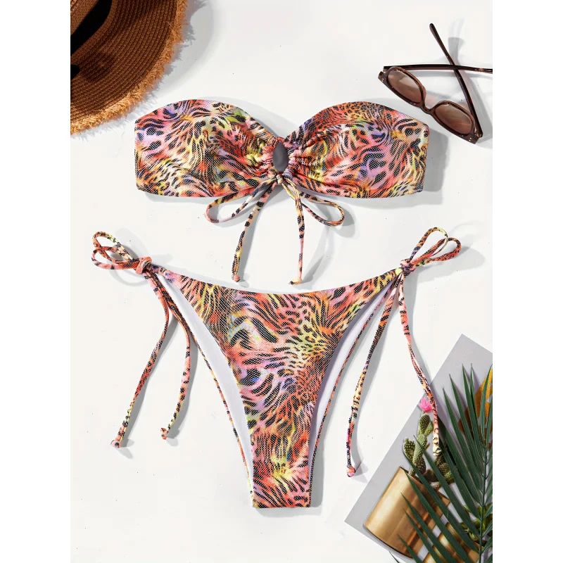 

Summer fashion beach vacation style animal print glitter fabric design drawstring hollow lace-up women's bikini set