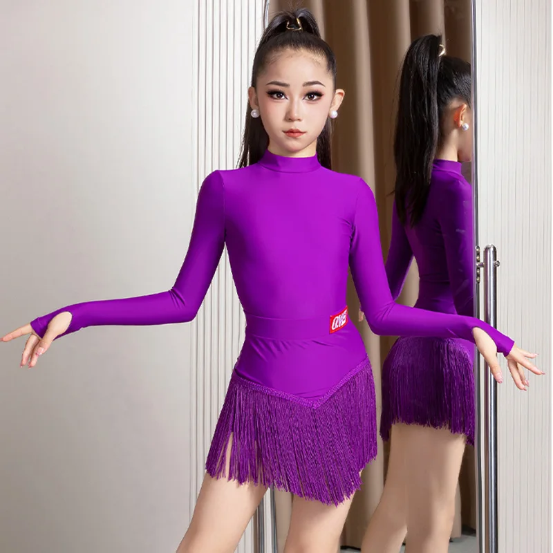 Latin-danskostuums voor kinderen Kinderen Meisjes Romper met lange mouwen en oefenrokken met kwastjes Ballroom Rumba-danskleding