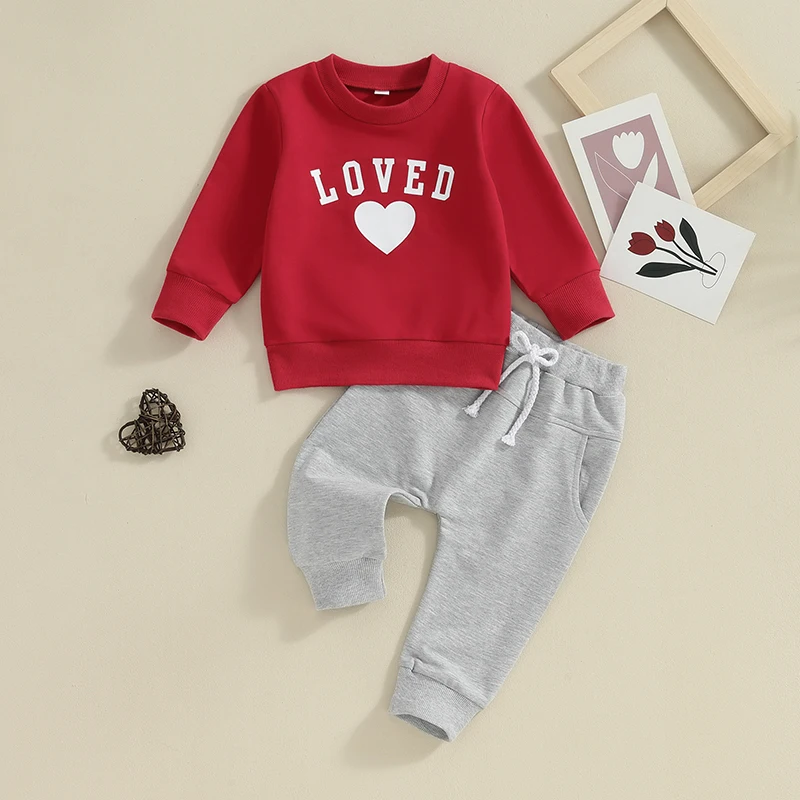 

2023-11-09 Lioraitiin Toddler Boys Valentine's Day Outfits Heart Letter Print Long Sleeve Sweatshirts and Long Pants Clothes Set