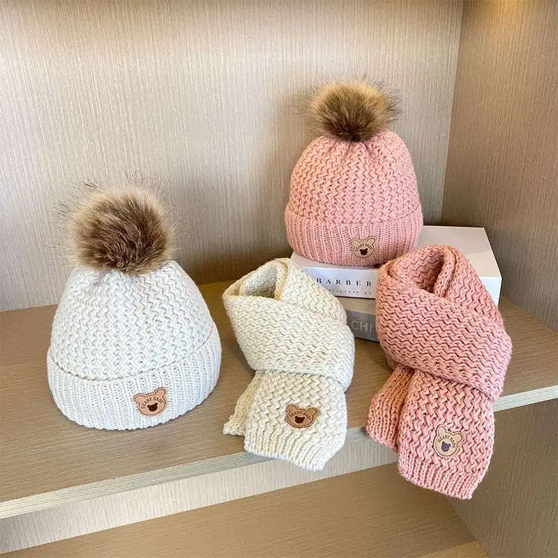 

Autumn Winter Kids Scarf Beanie Set Cute Cartoon Bear Knitted Hat Scarf Set for Toddler Fashion Warm Clothes Accessores
