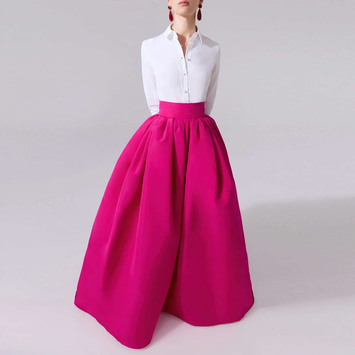 Elegante Falda de Fiesta Larga de Seda Rosa para Mujer, Falda de Tafetán con Volumen, Cintura Alta, Fucsia, Plisada, Satén, Formal