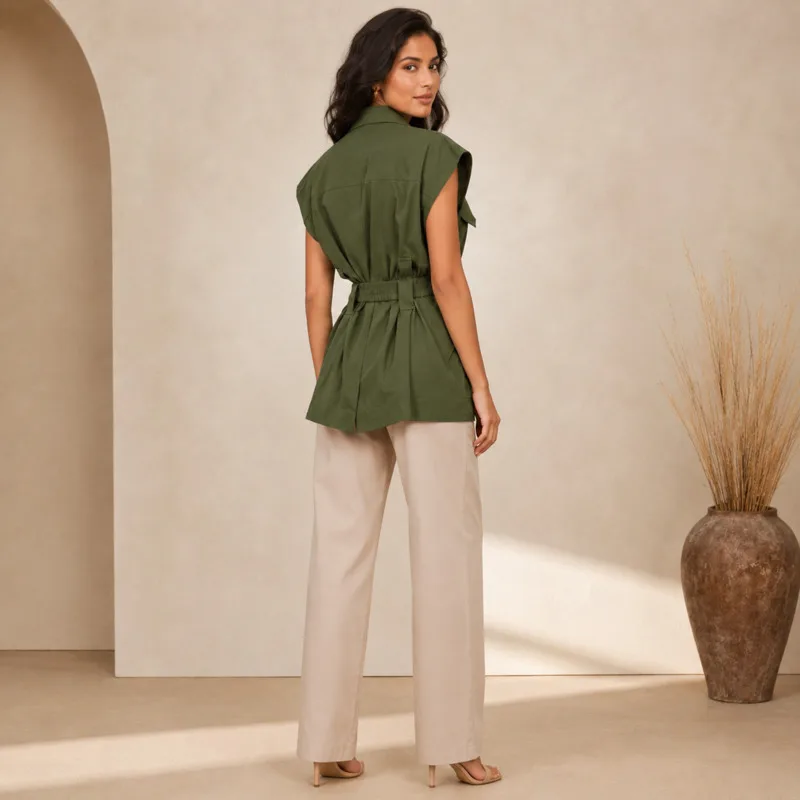 Women Sleeveless Cotton Trench Coat Loose Belted Utility Shirt Lapel Collar Pockets Summer Streetwear Fashion Tops Outerwear
