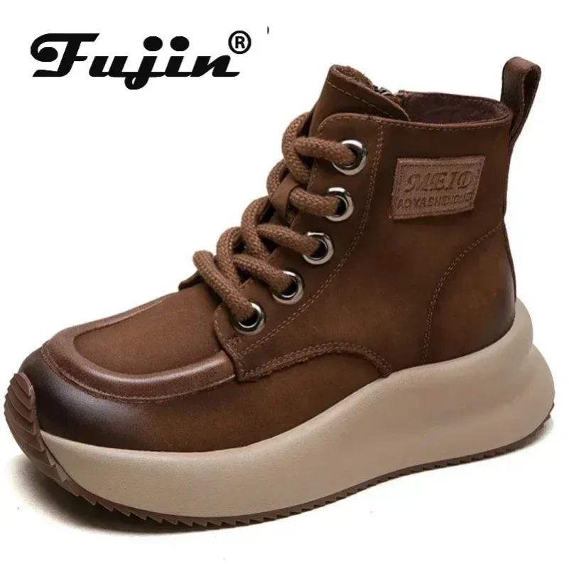 Fujin 4.5cm Motorcycle Spring Moccasins Chimney Boots Autumn Shoes Suede Cow Genuine Leather Women Ladies Fashion Ankle Booties