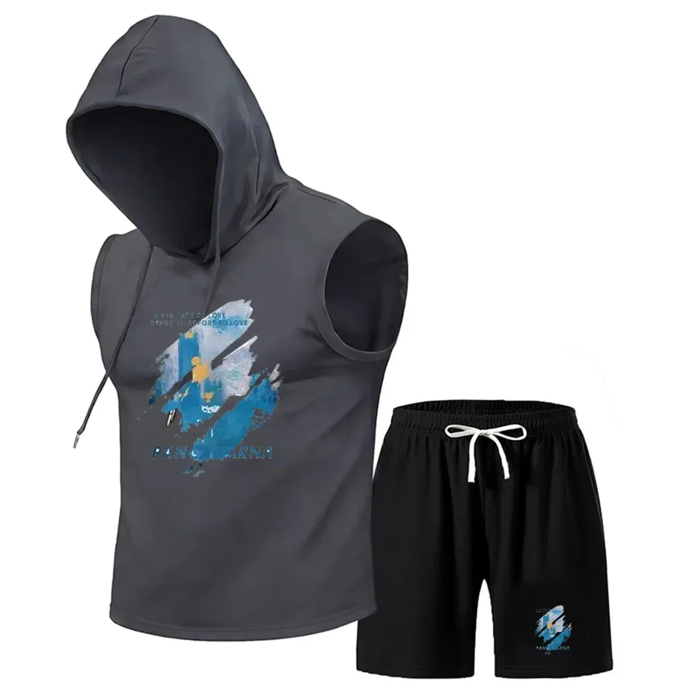 2026 Men's hooded top+shorts summer new loose round neck trendy set, casual and comfortable, youthful and fashionable print view 3