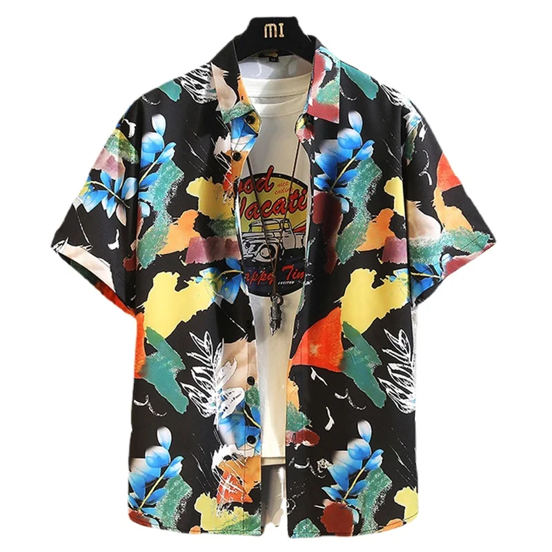 

Летняя многоцветная гавайская рубашка с принтом граффити для мужчин, уличная одежда с коротким рукавом, Camisa Festival Hombre, мужская свободная блузка из ледяного шелка