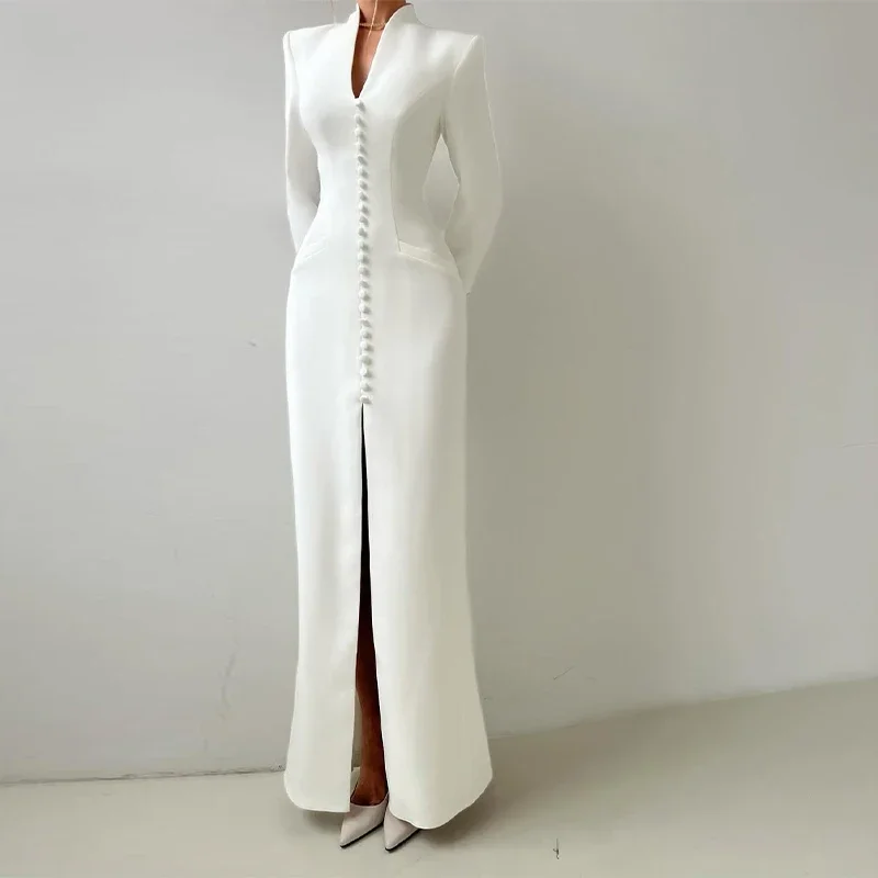

Summer Autumn Lady Vestidos V-Neck Women Dress Elegant Long Sleeve Single Breasted Split Female Dresses