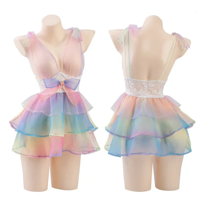 Vestido de princesa elfo de gasa para mujer, vestido de hilo de arcoíris, dulce chica Lolita, vestidos de pastel de caramelo, lencería transparente, pijama, camisón