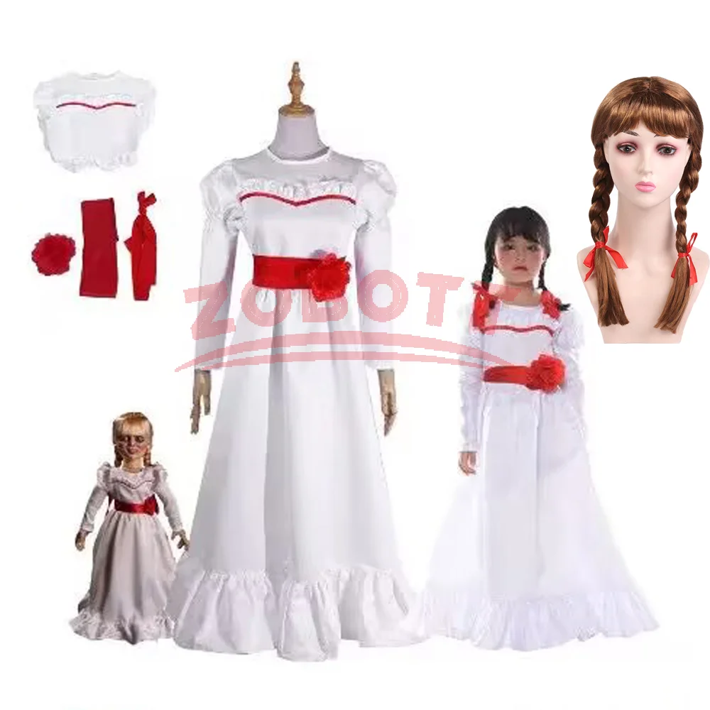 أزياء أنيمي ConjingDoll أنابيل التأثيرية للهالوين فستان أبيض رعب زي لعبة كم طويل رقبة دائرية فساتين أداء نسائية