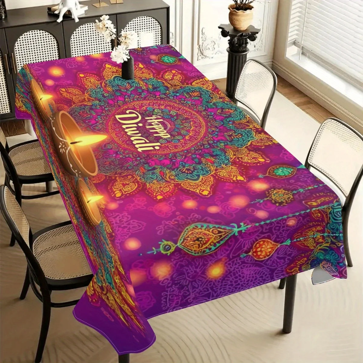 Happy Diwali Festival of Lights Rectangle Tablecloth for Table Decor Reusable Kitchen Dining Tablecloth Diwali Decorations
