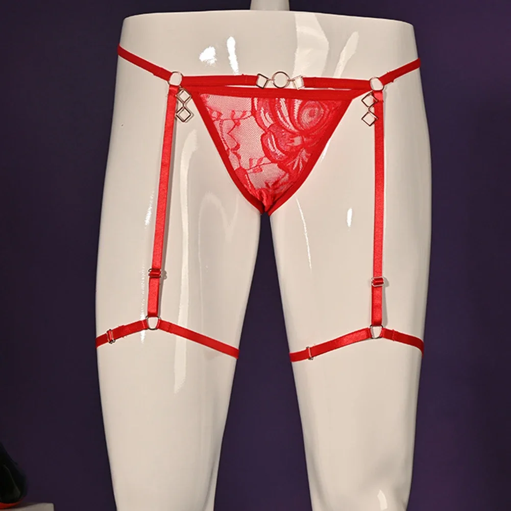 

Men Sexy Lace Lingerie Suspender G-String Middle Waist Pouch Panties Briefs Underwear Elastic Transparent Embroidery Mens T-back