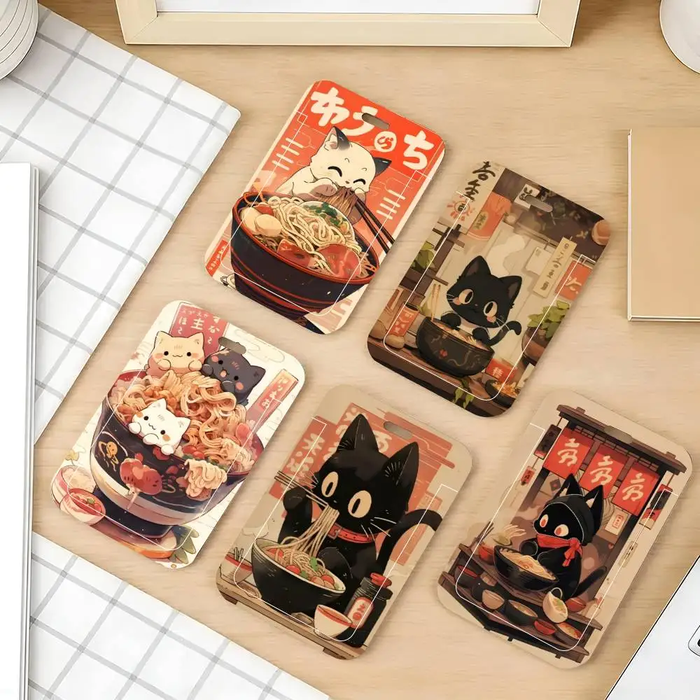 Style Kawaii Japanese Ramen Animal Cat ID Card Holder Lanyard Covers Women Men Work Permit Holder Students Kids Bus Cards Case
