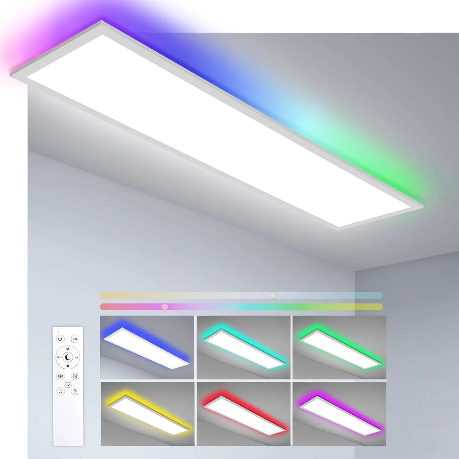 LED-Deckenleuchte 100x25cm 30W, dimmbares CCT-Licht mit Fernbedienung, RGB-Ambient-Hintergrundbeleuchtung, 3000K-6500K für Schlafzimmer, Esszimmer, Arbeitszimmer und Flur