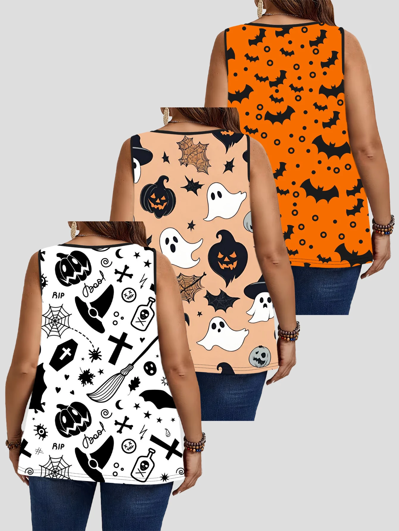 3-Piece Set of Plus-Size Women's White-On-Black Witch Hat, Coffin, and Broom Halloween All-Over Print Tank Top, Round Neck Loose Sleeveless Top