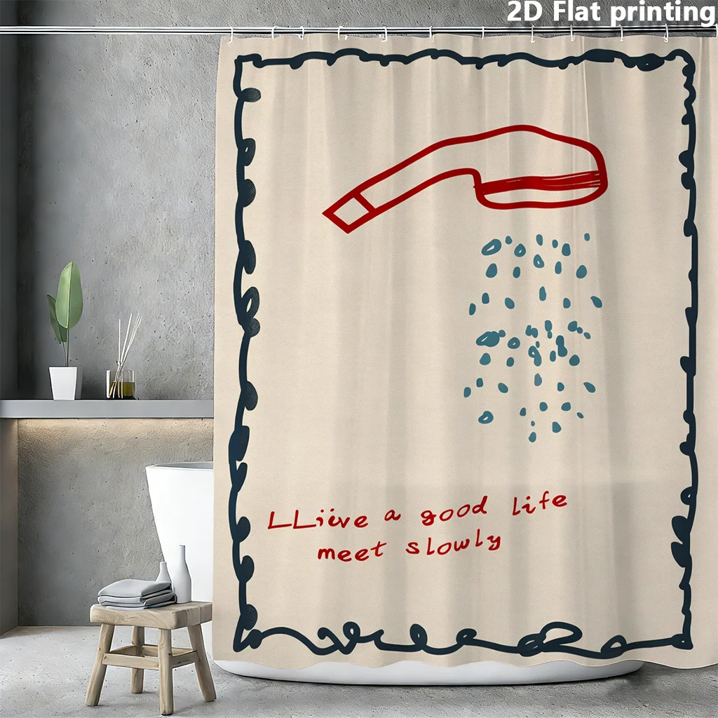 Modern Abstract Shower Curtain - Red Shower Head Line Art Inspirational Quote, Minimalist Bathroom Decor Waterproof Fabric Bath