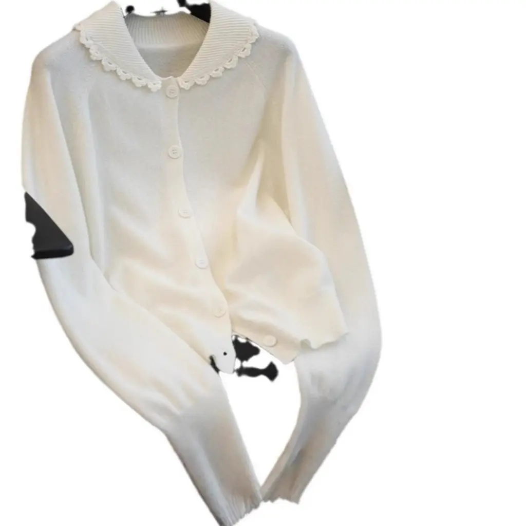 

Women's 100% Wool Knitted Cardigan Long Sleeve Lace Doll Collar Loose Fit Winter Sweater Age-reducing Style F120906