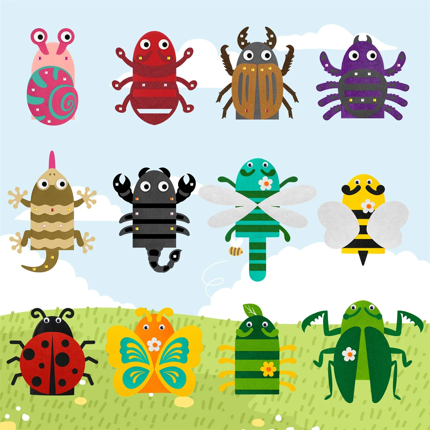 

12Pcs Insects Puppet Making Kit Heart-shaped Dot Diamond Stickers Butterfly Locust Caterpillars Bees Ladybugs School Class Craft