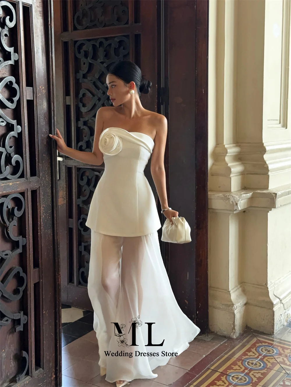 ML Classy Rose Flower Strapless Sheer Chiffon Layer A Line Zipper Bridal Banquet Wedding Vestido De Casamiento Customized New