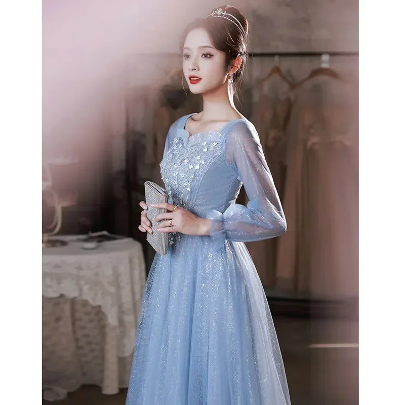 

Blue Evening Dress Female 2023 New High-Grade Banquet Temperament Luxury Niche High-End Annual Meeting Art Test Skirt