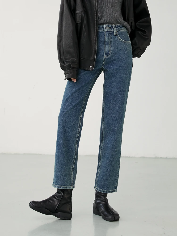 

Прямые джинсы с высокой талией, женские свободные джинсы с девятью точками, утягивающие длинные брюки, осень-зима, новые хлопковые эластичные джинсы