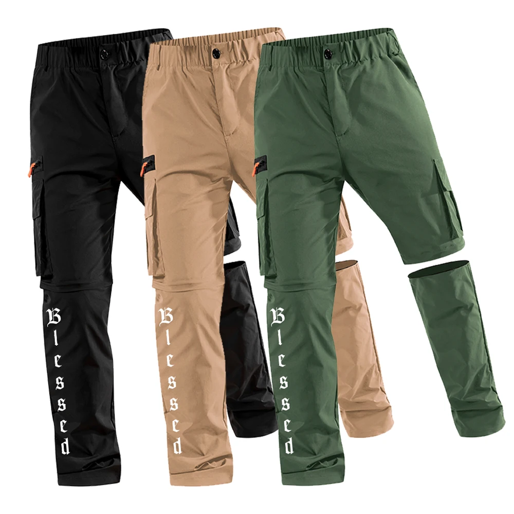 

Men's Zip-Off Detachable Cargo Shorts "Blessed" Letter Graphic Print Outdoor Casual Hiking Travel Camping Multi Pockets Trousers