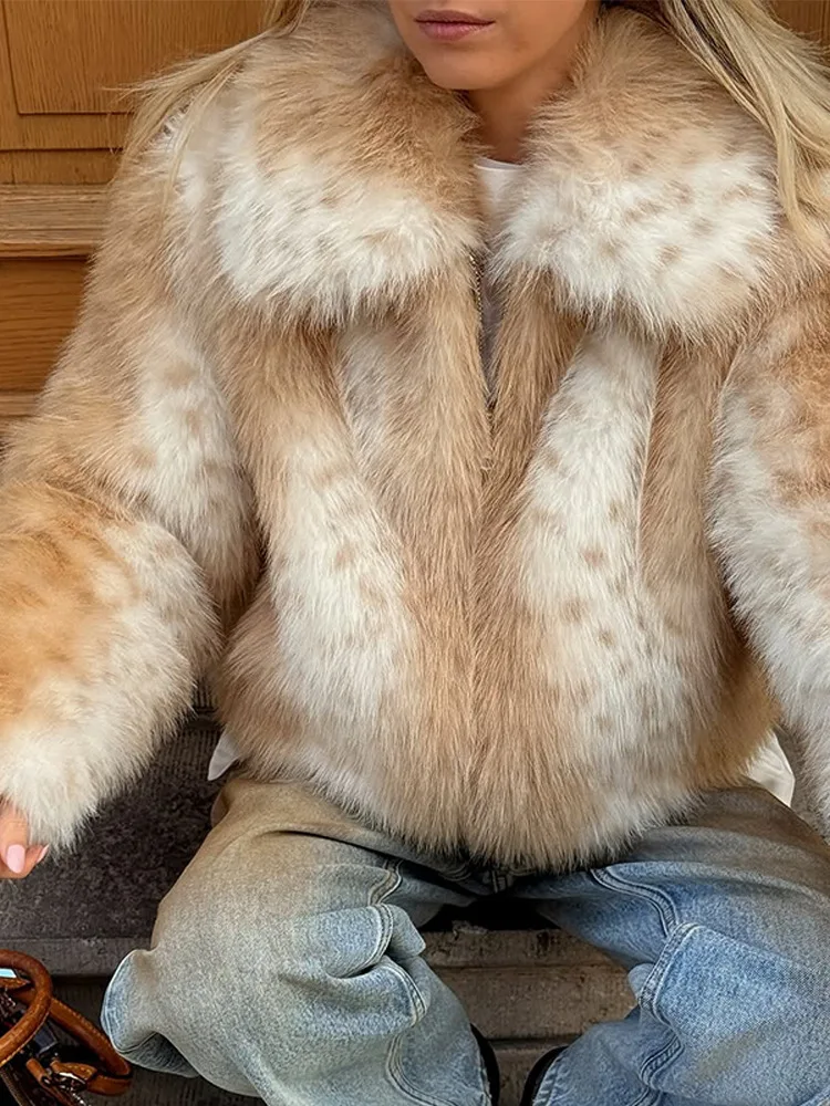 2026 Winter Women's Furry Faux Fur Turn Down Collar Deer Spot Print Coat Female Jacket Warm Thicken Fluffy Lady Street Outwear