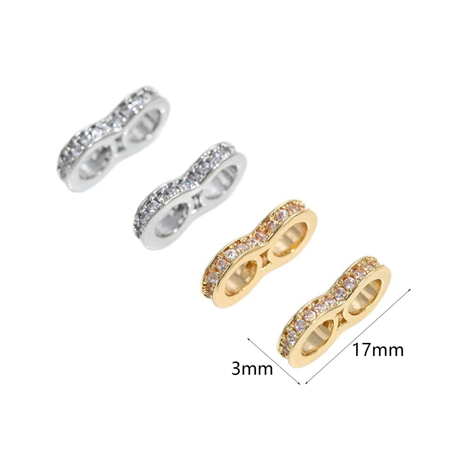 2 Pcs Brass Micro Pave Spacer Beads For DIY Bracelet Jewelry Making Findings 2 Holes Infinity Symbol Clear Rhinestone 17mm x 3mm