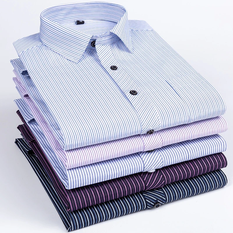 2026 Mens Business Casual Long Sleeved Shirt Classic Striped Checked Male Social Dress Shirts for Man