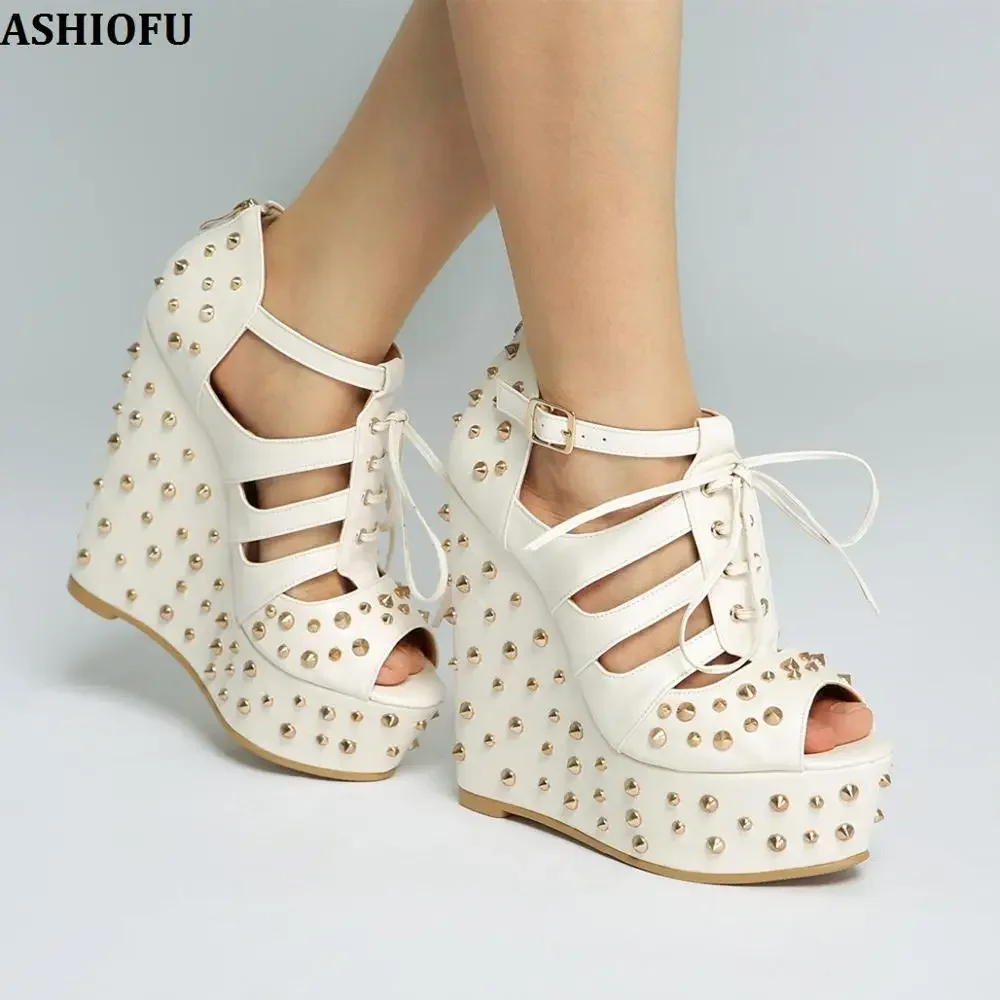 ASHIOFU New Handmade Womens Wadge Heel Sandals Rivets Spikes Lace-up Party Prom Shoes Sexy Club Fashion Evening Sandals Shoes