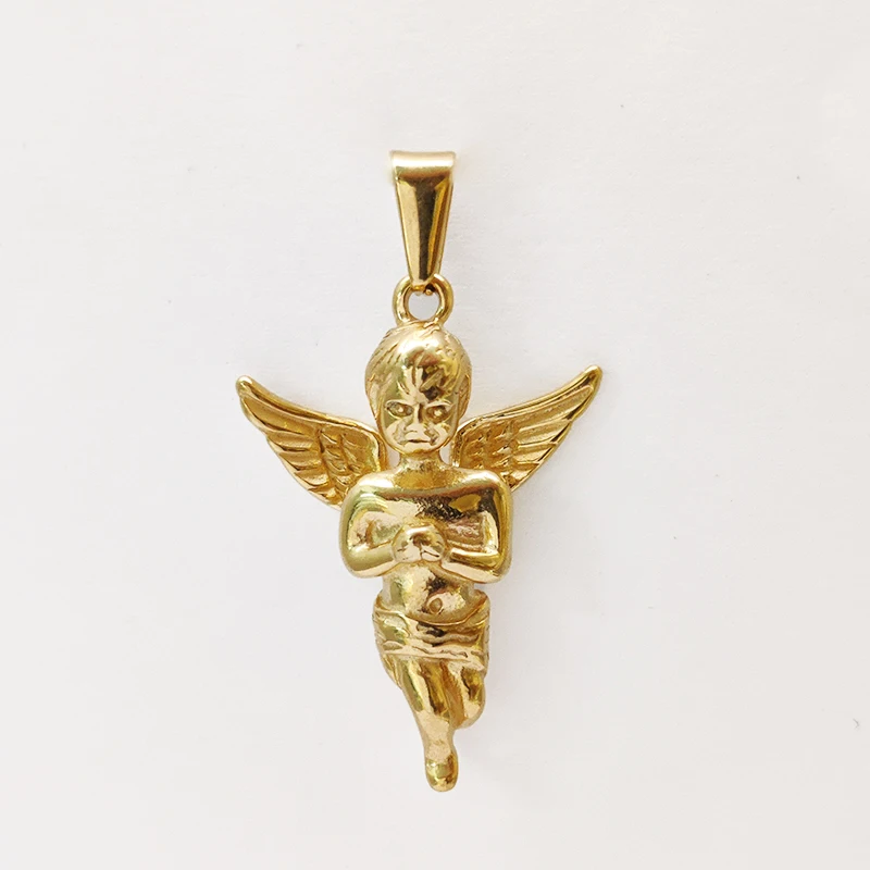 18K Gold Plated 3d Solid Angel Charm Stainless Steel Religious Cupid Angel Pendant Necklace For Men Jewelry