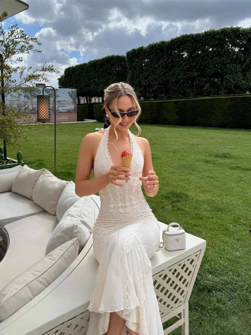 Vestido largo calado con tirantes y cuello colgante, sexy, sin espalda, estilo Retro europeo americano, estético de encaje de verano