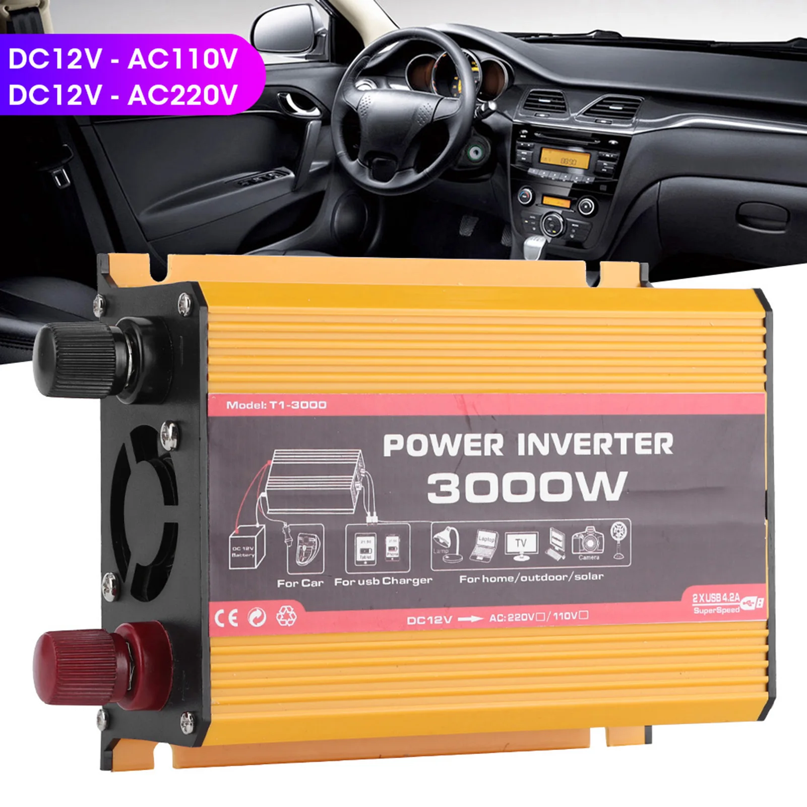 Car Inverter 3000W Dual USB Auto Power Converter Modified Sine   Car Power Converter Car Power